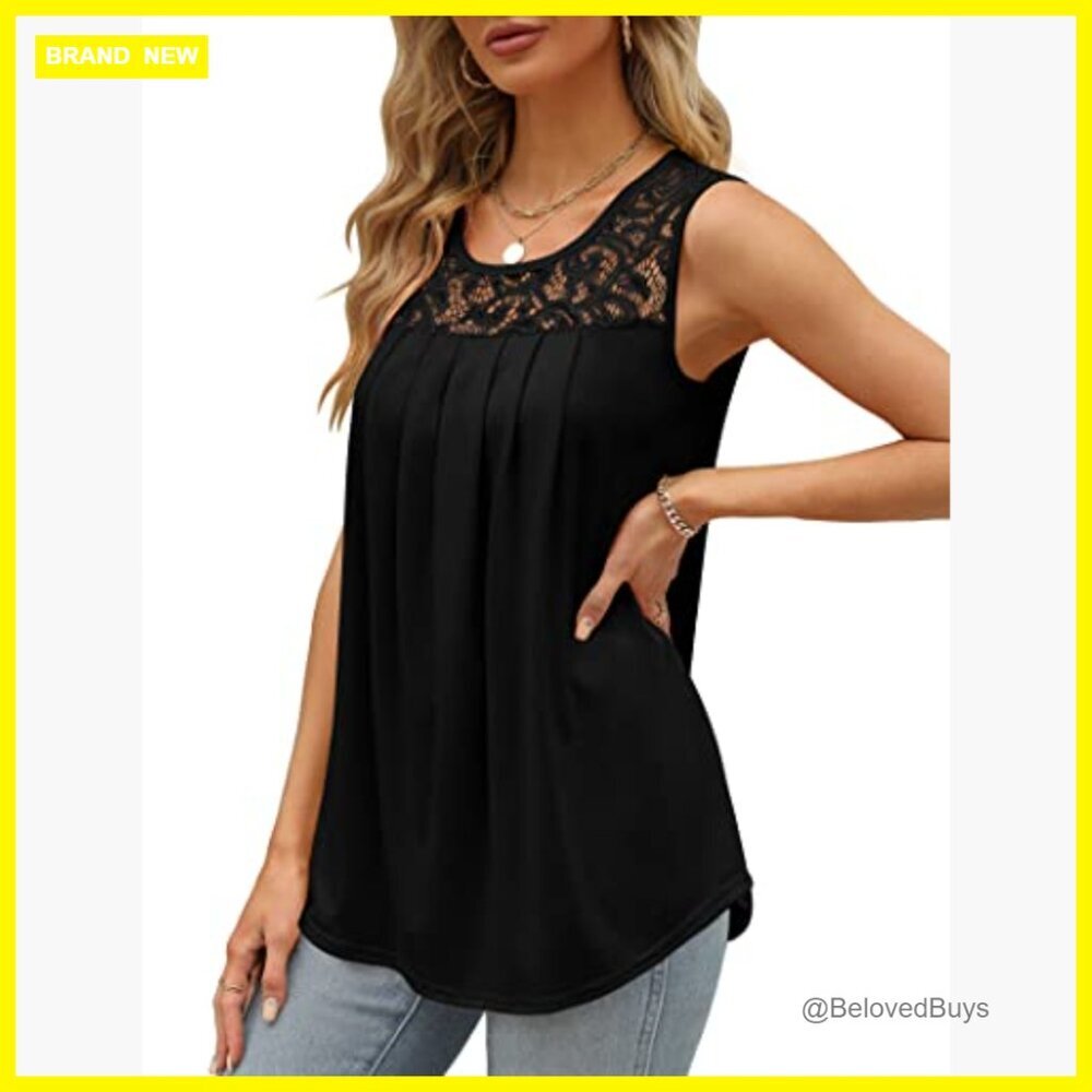 Loose Fit Pleated Tank Top Scoop Neck Lace Summer Tunic Flowy View 3